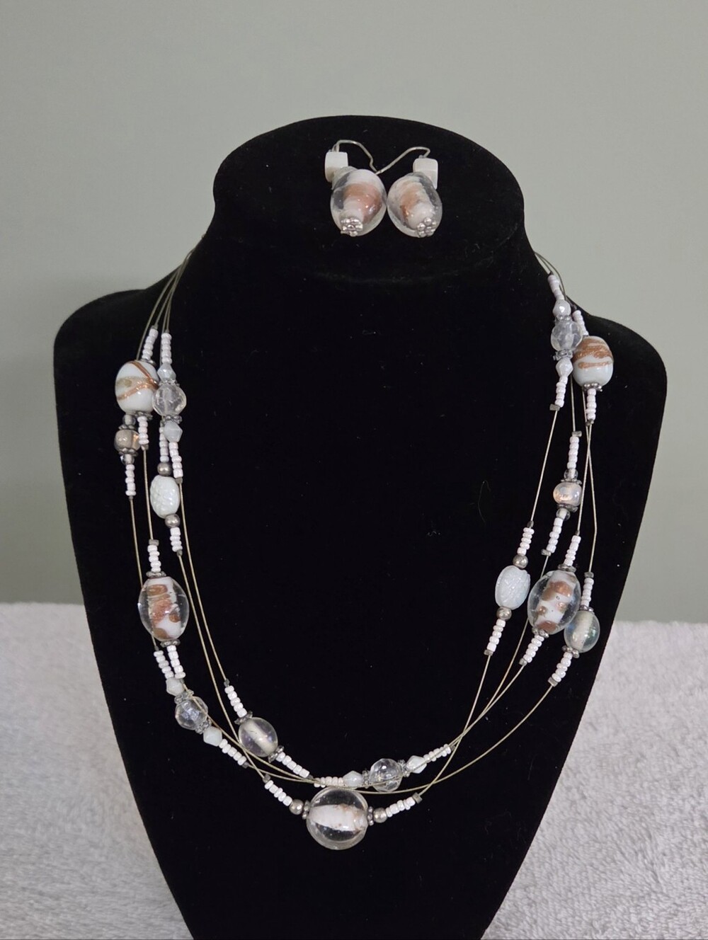 Vintage Murano Style Aventurine Glass Multi Strand Floating Necklace/Earrings